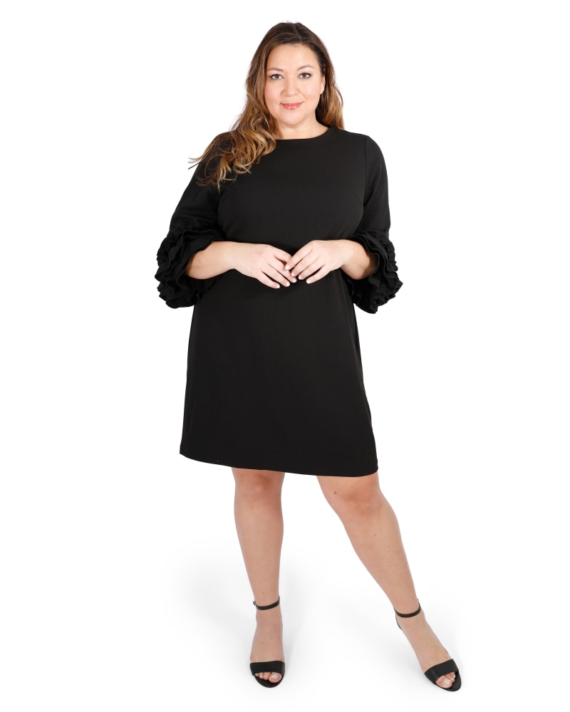 Front of a model wearing a size 18 Ruffle Sleeve Sheath Dress in Black by Marée Pour Toi. | dia_product_style_image_id:232985